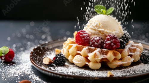 Flying Belgian Liege Waffles With Ice Cream, Berries And Topped Macadamia Nuts On Plate Powdered Sugar On Black Background. Side View photo