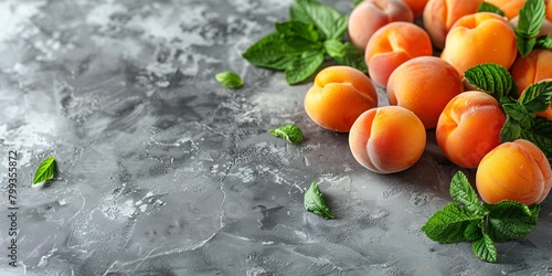 Fresh apricots and mint leaves spread on a textured gray surface. photo