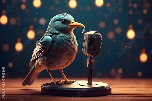 A bird singing into a vintage microphone is created by generative AI. Idea for a music festival or competition.