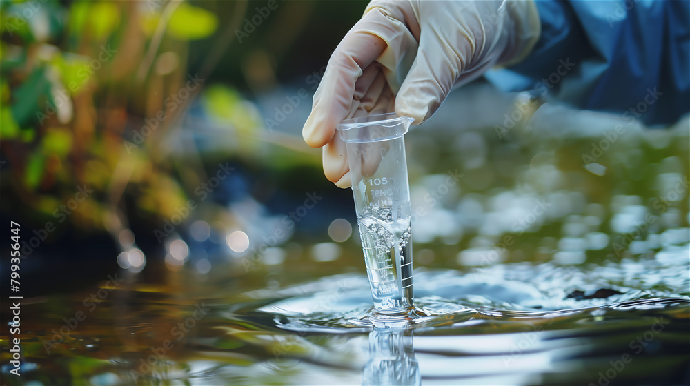 Taking water samples from a stream, river or lake.
