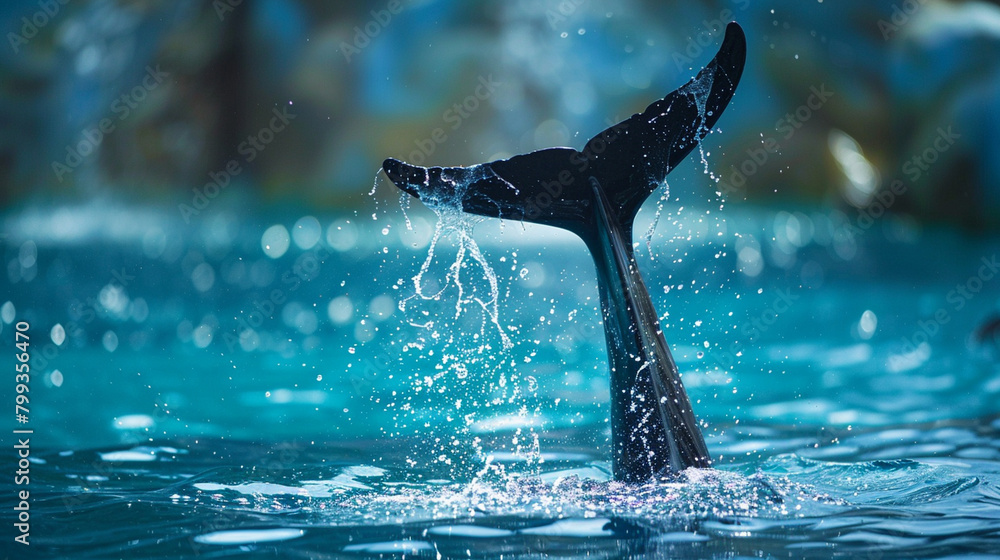 Close up dolphin tail in the deep sea water. Concept for World Ocean ...