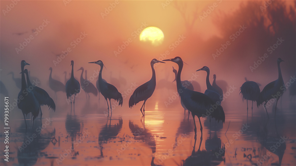 Obraz premium Common cranes waking up in around misty landscape with sun rising.