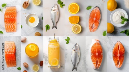 Detailed top-down view of a collage showcasing an array of Vitamin D-rich foods like oily fish, dairy, and fortified juices, beautifully captured in natural lighting photo
