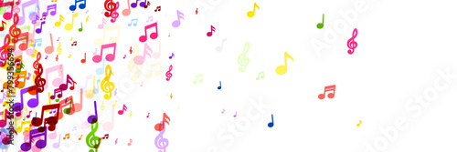 A panoramic view of rainbow-colored music notes creating a lively and dynamic visual symphony on a white background.