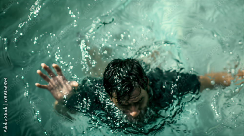 A drowning man tries to save himself.