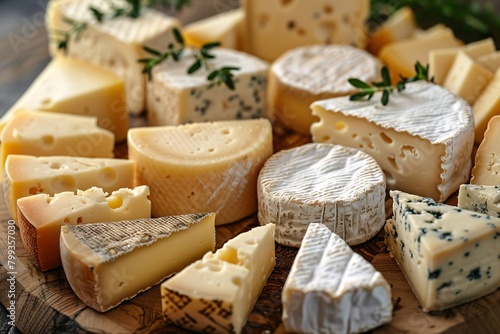 Various types of cheese with distinctive textures, arranged on a rustic wooden table, garnished with sprigs of rosemary, closeup view.