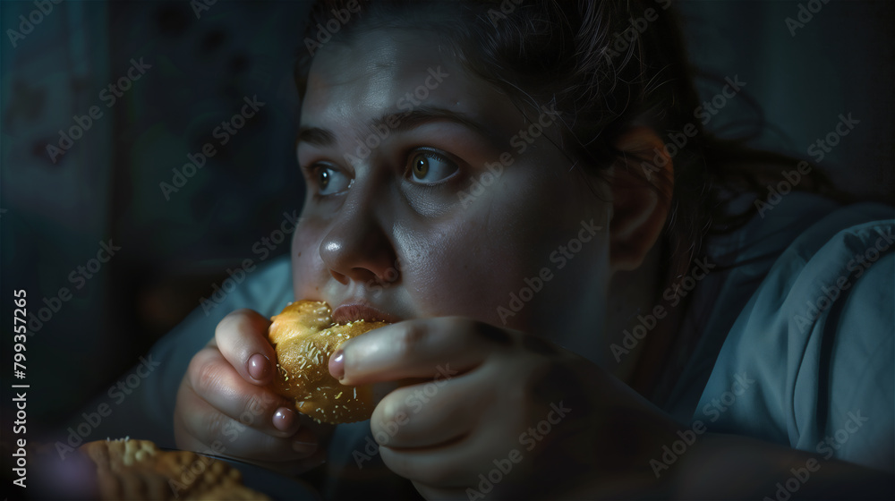 Close-up of a person's face gorging themselves while hiding in the dark. The problem of obesity.