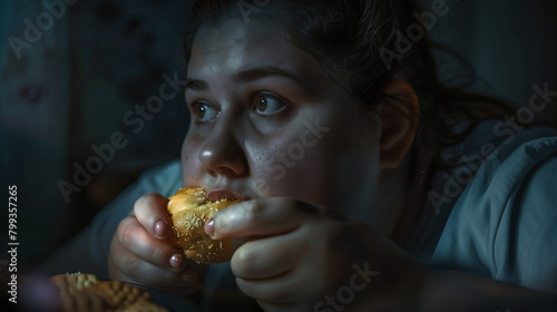 Obraz na płótnie Close-up of a person's face gorging themselves while hiding in the dark. The problem of obesity. w salonie