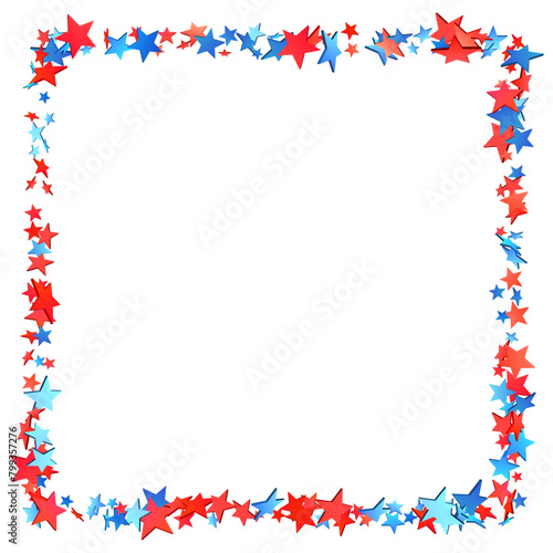 A square frame bordered with a vibrant assortment of red and blue stars, perfect for American-themed announcements or celebrations.