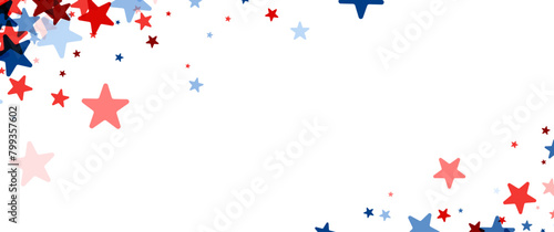 A panoramic banner with a dense border of falling stars in shades of red and blue  creating a vibrant patriotic theme