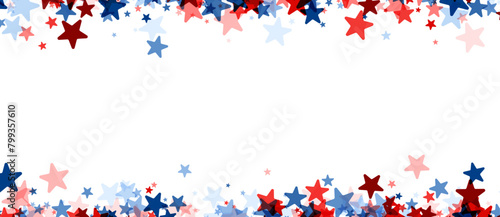A panoramic banner with a dense border of falling stars in shades of red and blue, creating a vibrant patriotic theme © Vjom