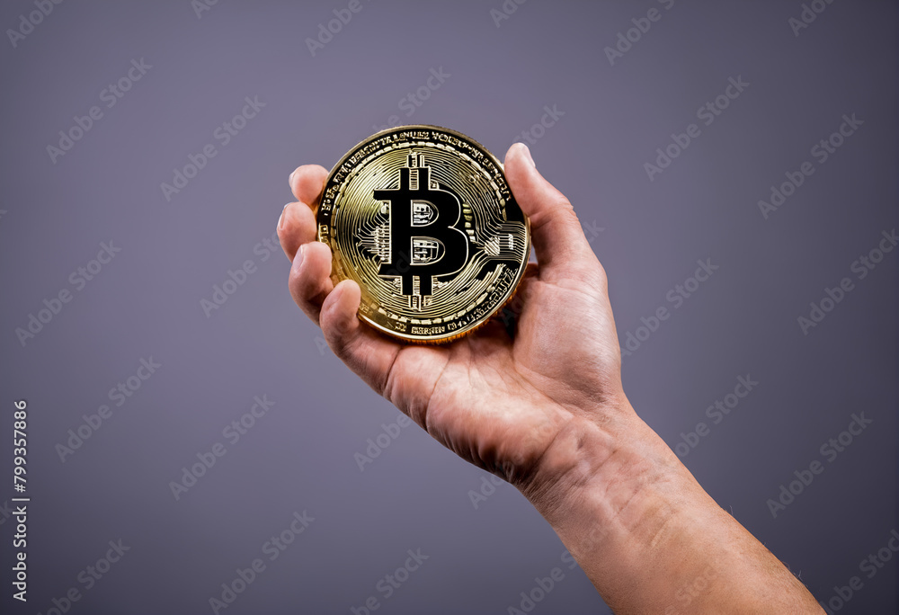 Bitcoin in hand. Symbol of crypto currency. Bitcoin in hand. Symbol of crypto currency.