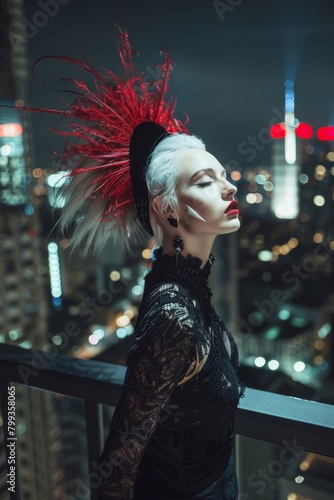 An elegant lady wearing an elaborate headpiece is seen overlooking a city skyline at night, portraying a sense of sophistication and urban glamour photo