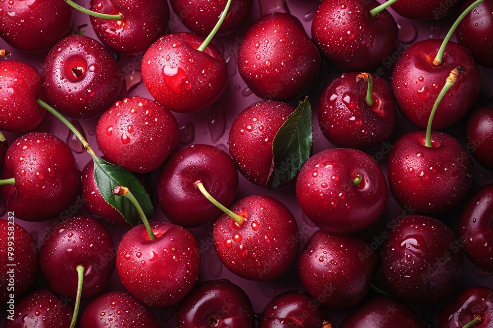 A close-up view of fresh, shiny red cherries with droplets of water and a few green leaves. A close-up view of fresh, shiny red cherries with droplets of water and a few green leaves.