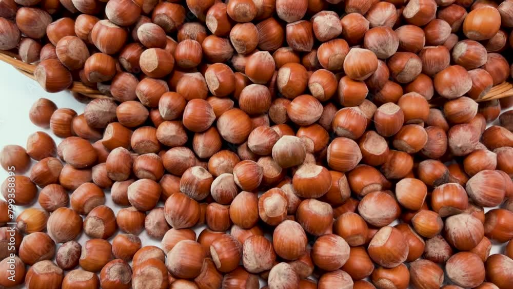 Hazelnuts come out of wicker basket on white background, Dolly shot in top view on round gentle hazelnuts from Langhe, Italy Hazelnuts come out of wicker basket on white background, Dolly shot in top view on round gentle hazelnuts from Langhe, Italy