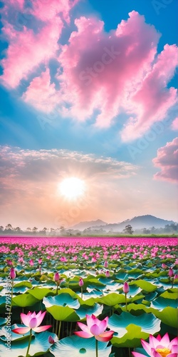 Pink waterlily or lotus flower field.