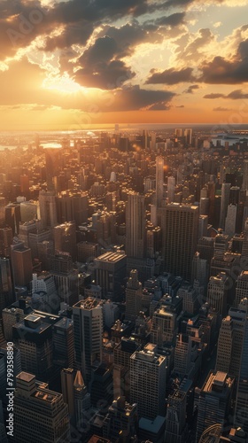 Aerial view of a big city with skyscrapers at sunset. Panorama of downtown. Vertical image. AI Generated 