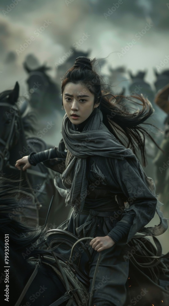 Naklejka premium An intense depiction of a female warrior on horseback amidst a turbulent battlefield scene