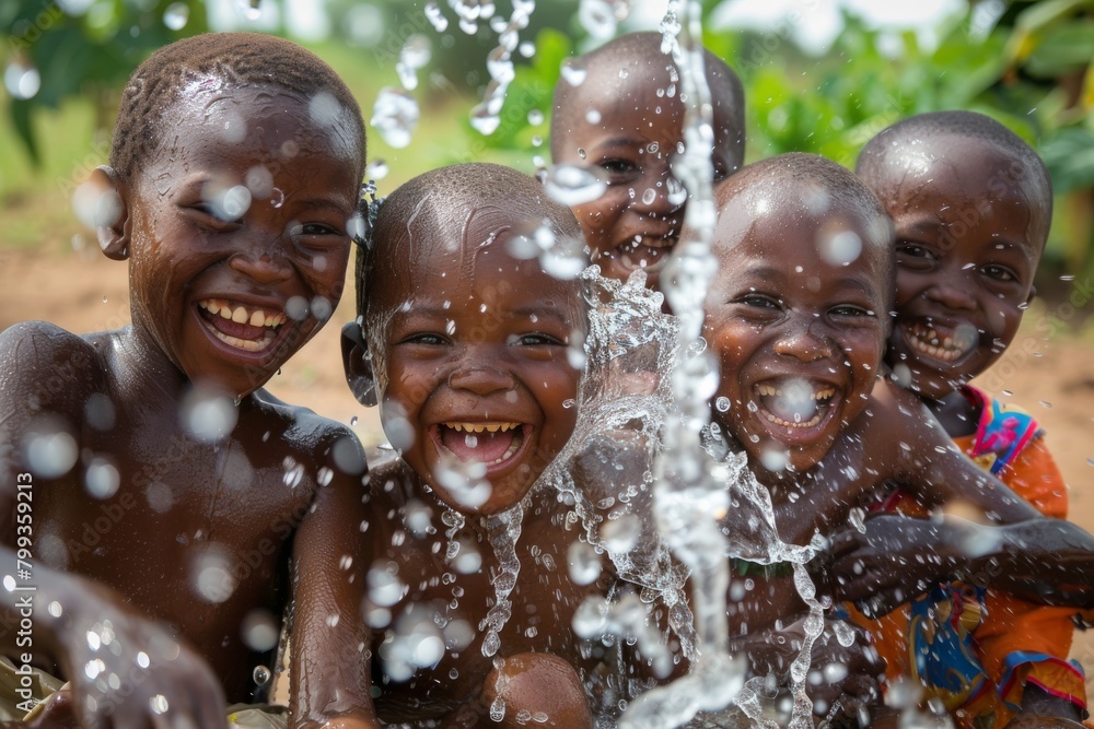 Several smiling African children enjoy a moment of fun, covering themselves with splashing water Several smiling African children enjoy a moment of fun, covering themselves with splashing water