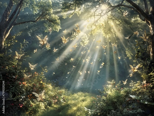 A forest with sunlight shining through the trees and butterflies flying around