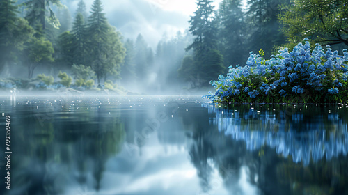 Serene Lake Reflection with Misty Forest and Blue Flowers in Early Morning Light