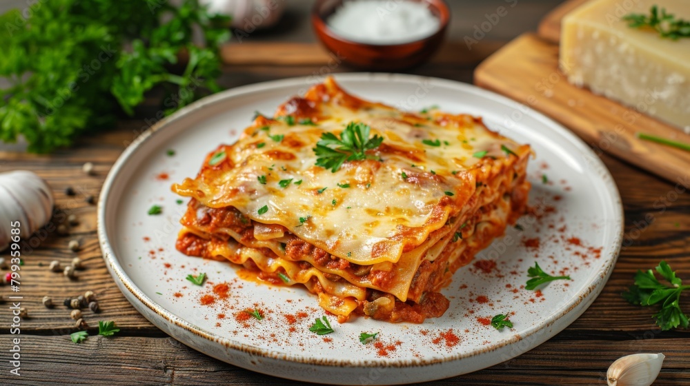 Plate of lasagna with melted cheese and fresh parsley Plate of lasagna with melted cheese and fresh parsley
