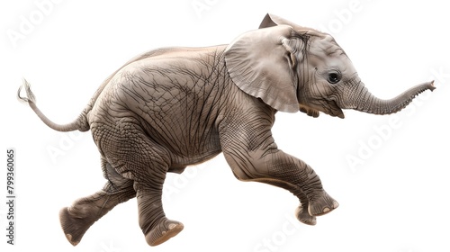 Playful Baby Elephant Frolicking Isolated on White Background. Joyful Wildlife Mammal in Motion. Captured in a High-Key Style. AI