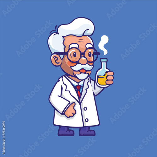 Professor mascot holding chemical liquid bottle