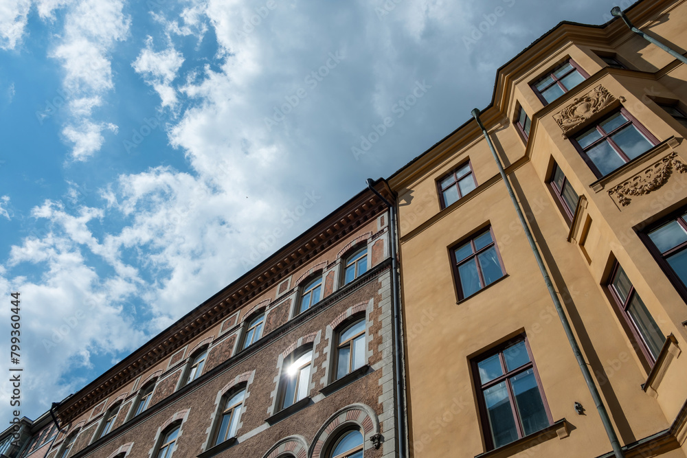 Fototapeta premium Sweden, vintage building in Stockholm, at Gamla Stan. Upper part of apartment for rent at Old Town.