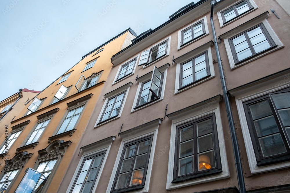 Sweden, vintage building in Stockholm, at Gamla Stan. Upper part of rental apartment. Under view