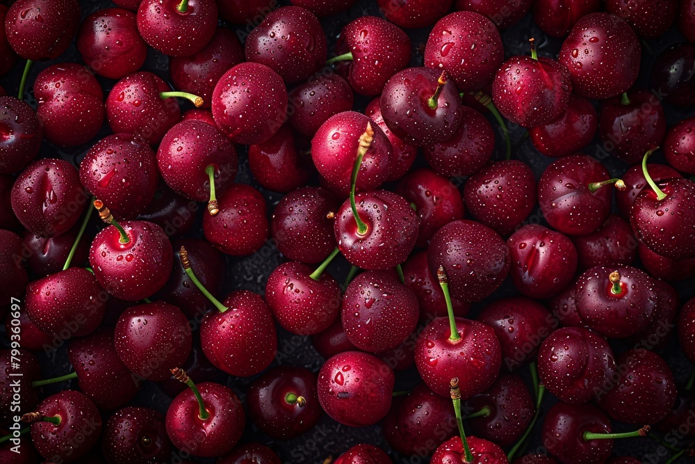 A close-up image of lush, red cherries with droplets of water scattered across their glossy surfaces. A close-up image of lush, red cherries with droplets of water scattered across their glossy surfaces.