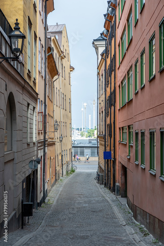Stockholm Sweden  traditional building with lantern  narrow alley  Gamla Stan Old Town. Vertical