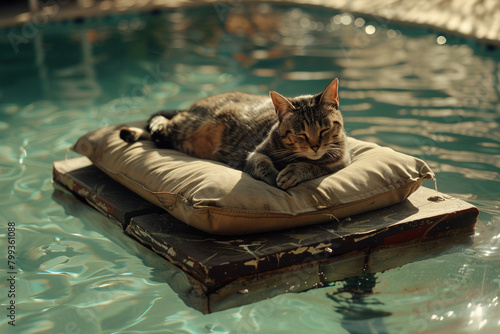 cat laze upon a raised mattress in the swimming pool. photo
