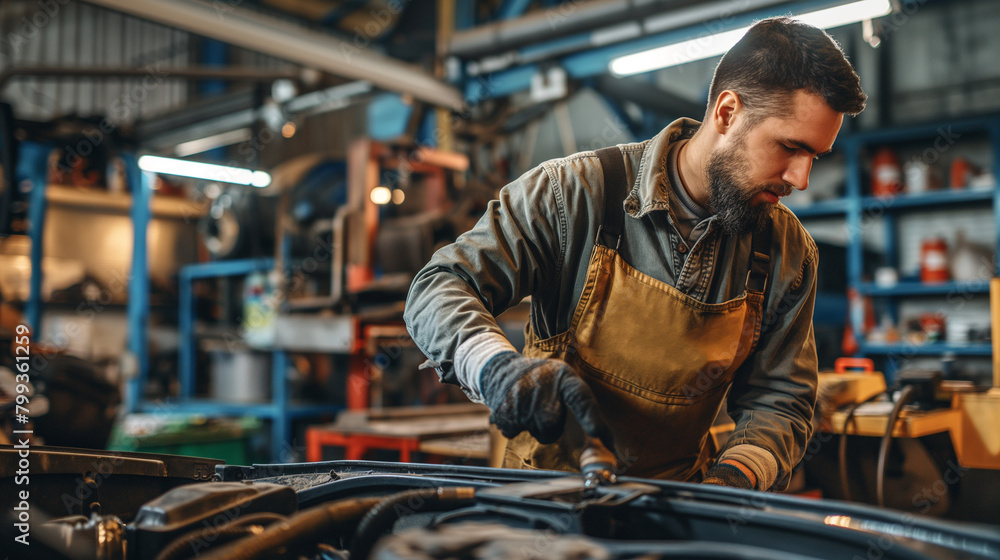 Experienced mechanic changing engine oil in a private car, in a professional garage setting, with tools and equipment neatly organized