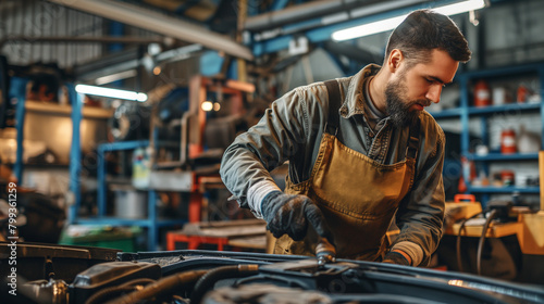 Obraz na płótnie Experienced mechanic changing engine oil in a private car, in a professional garage setting, with tools and equipment neatly organized w salonie