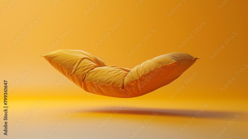A floating orange pillow against a yellow backdrop, with its shadow cast upon the floor below A floating orange pillow against a yellow backdrop, with its shadow cast upon the floor below