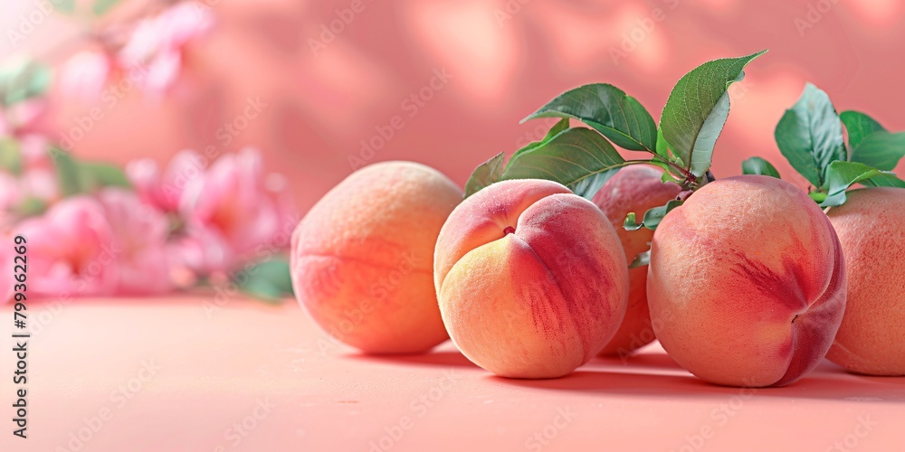 Several ripe peaches with fresh leaves, arranged on a smooth peach-colored background, showcasing a vibrant blend of pink and orange hues.