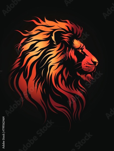 A lion s head on a black background. A magical creature made of fire.