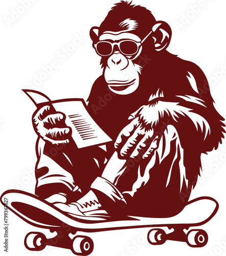 Sunglassed monkey reading on skateboard 
