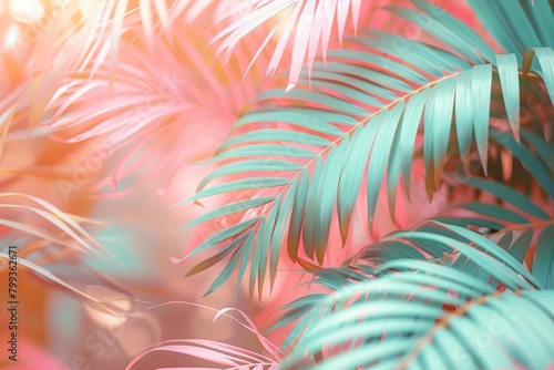 abstract background with pastel pink and green palm leaves. Summer vibes