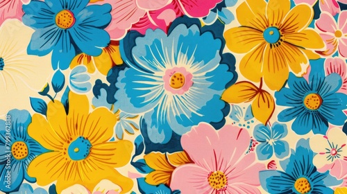 Mid Century Flowers Pattern in Pink Blue and Yellow