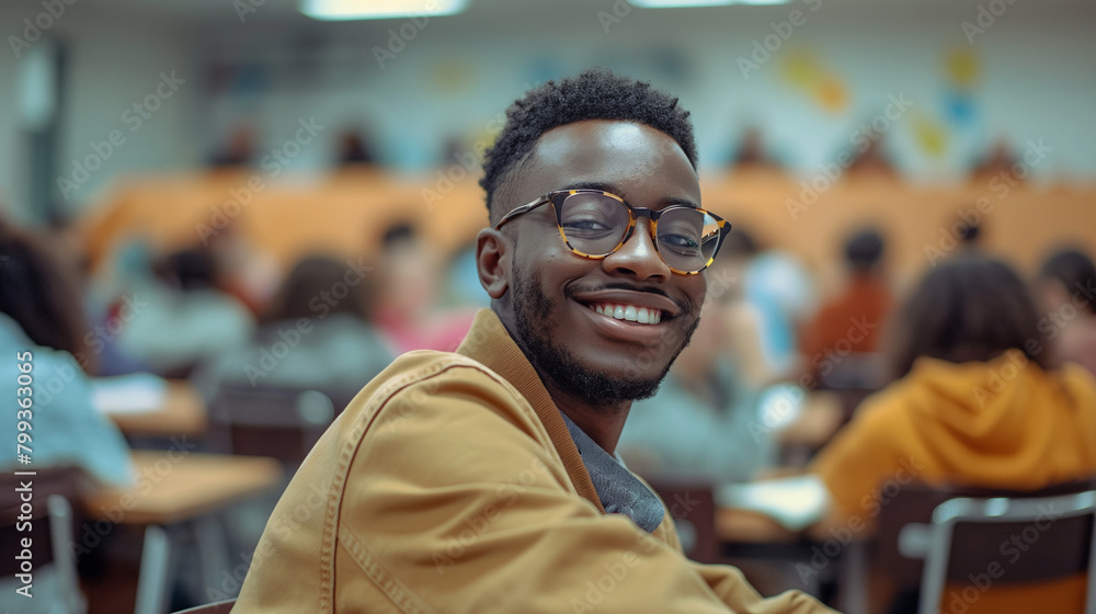Happy black university student attending lecture in classroom and looking at camera. Happy black university student attending lecture in classroom and looking at camera.