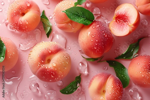 Several fresh, dew-covered peaches on a pink background, some cut exposing vibrant red centers. © vachom