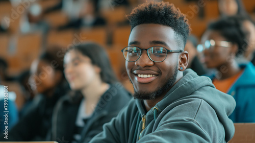 Happy black university student attending lecture in classroom and looking at camera. © Natali
