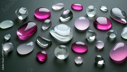 Collection of pink and clear amorphous shaped stones. Abstract 3D background. photo