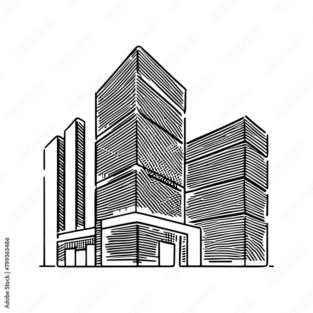 Fototapeta premium Flat roof house or commercial building in continuous line art drawing style. Modern architecture black linear sketch isolated on white background. Vector illustration 