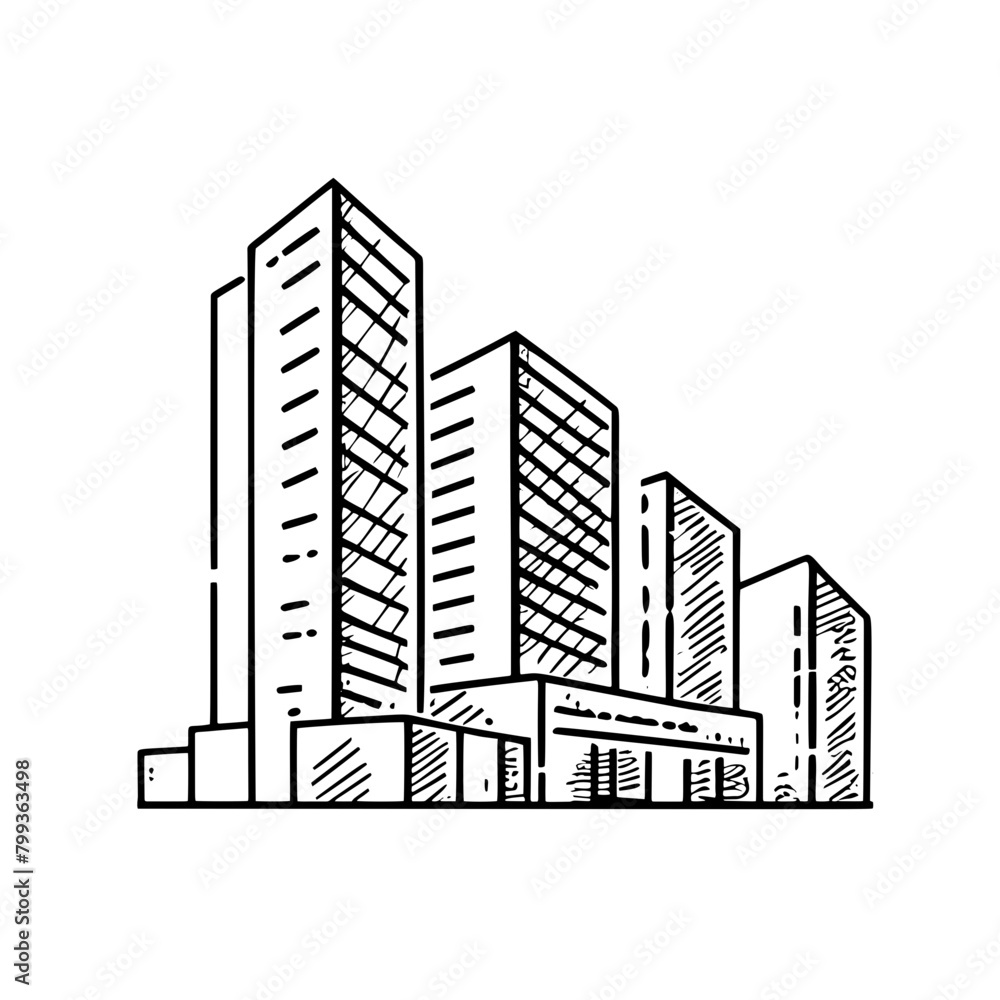 Flat roof house or commercial building in continuous line art drawing style. Modern architecture black linear sketch isolated on white background. Vector illustration	