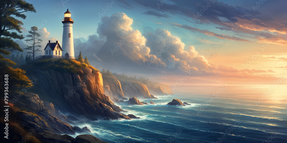 A serene coastal scene with a lighthouse perched on a cliff overlooking the ocean at sunset.