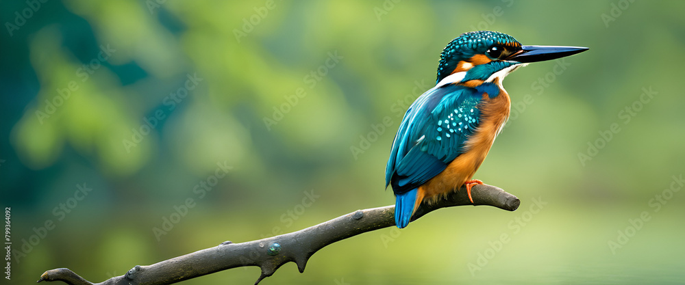 Fototapeta premium Kingfisher Perched Over Water in Perfect Stillness, Generative AI