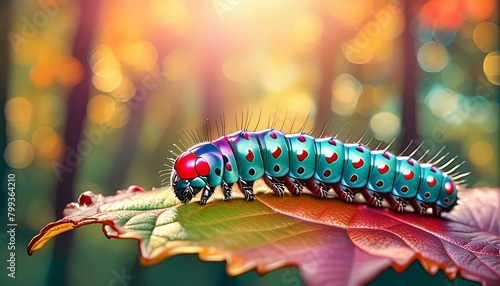 A macro shot of a colorful caterpillar on a leaf, with a dreamily blurred forest  photo